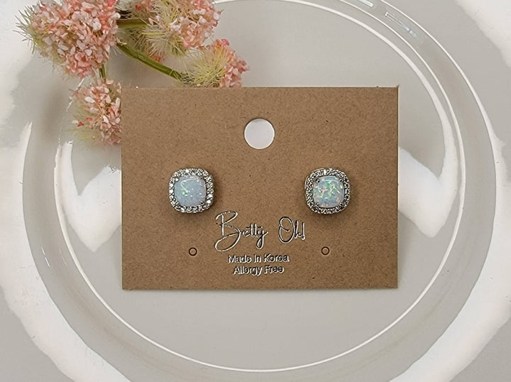 LAB GROWN OPAL STUD EARRINGS.: LIGHT BLUE OPAL/GOLD / Small - OR140