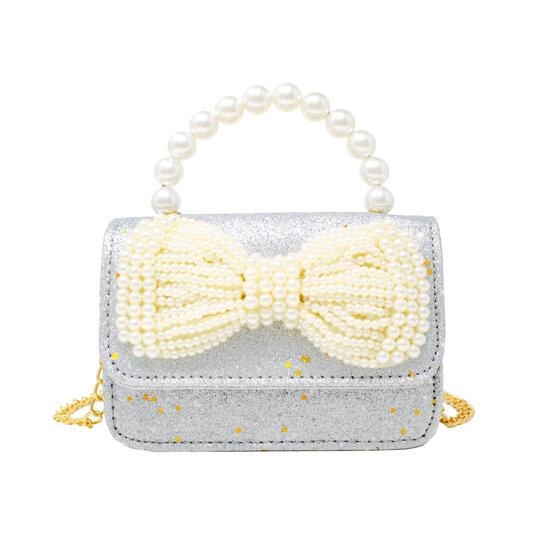 Glitter Pearl Handle Bow Handbag: Silver