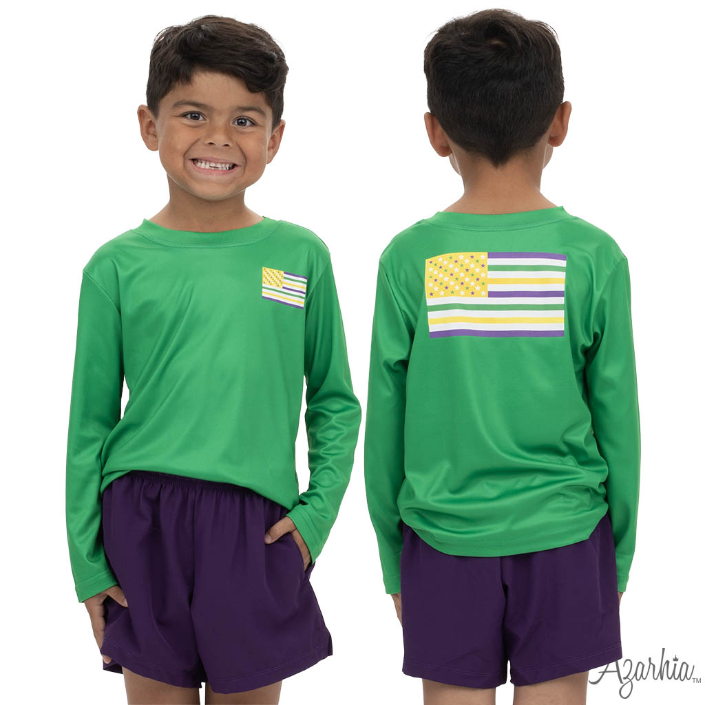 Mardi Gras American Flag Green LS Drifit