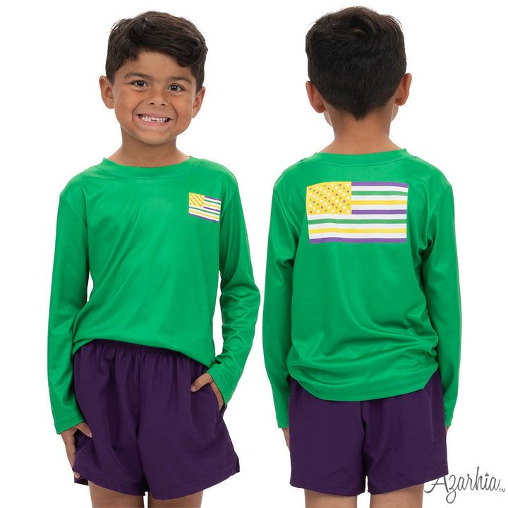 Mardi Gras American Flag Green LS Drifit