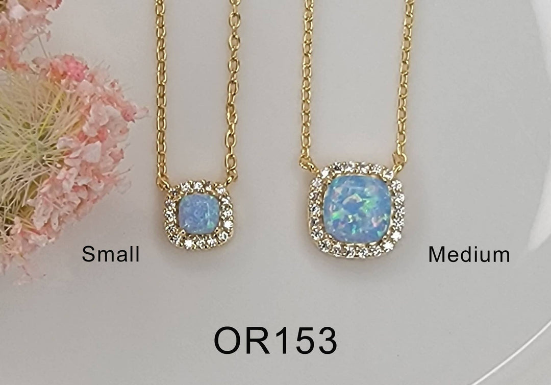 LAB GROWN OPAL STONE NECKLACE.: LIGHT BLUE/GOLD / Small - OR153