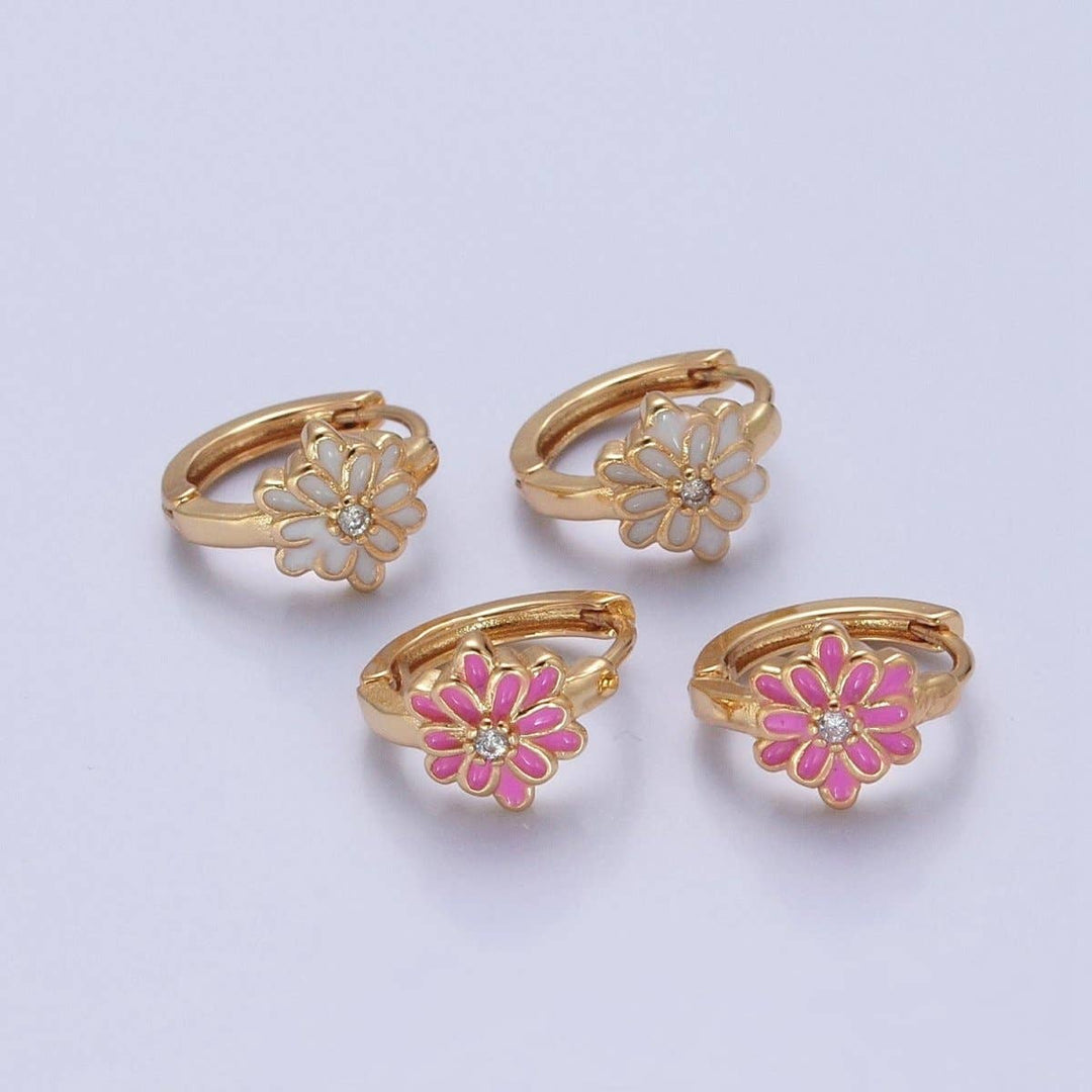 24K Gold Filled Pink/White Enamel Flower Huggie Hoops Earrings, V-421: Pink