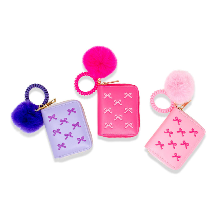 3D Bow Pom Pom Zip Wallet: Purple