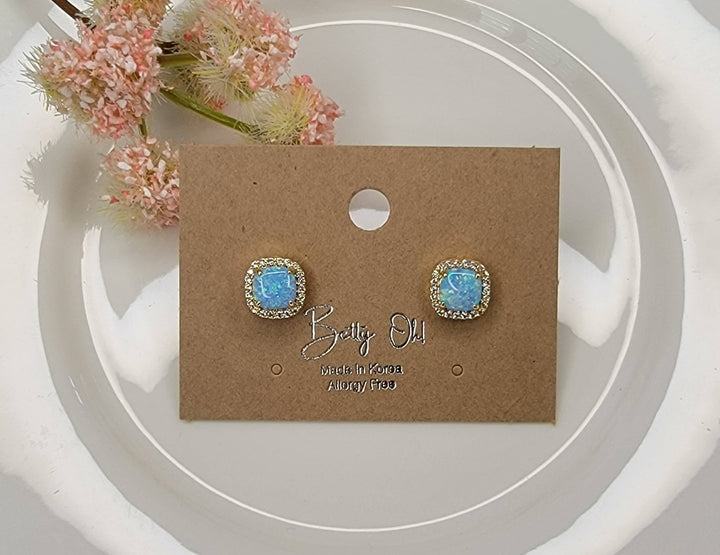 LAB GROWN OPAL STUD EARRINGS.: LIGHT BLUE OPAL/GOLD / Small - OR140