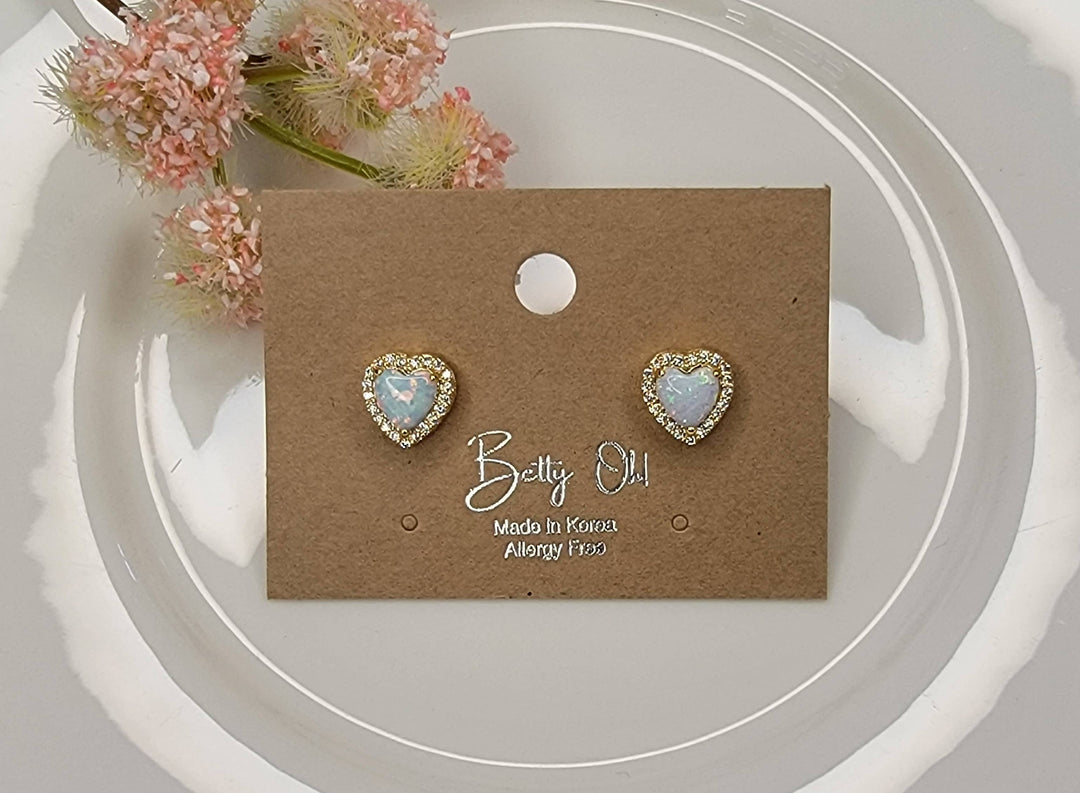 HEART SHAPE SEMI PRECIOUS STONE POST EARRINGS.: PINK OPAL - OR183
