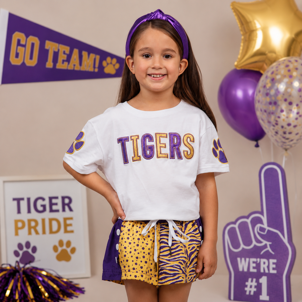Shimmer Applique Boxy Tigers - Purple and Gold