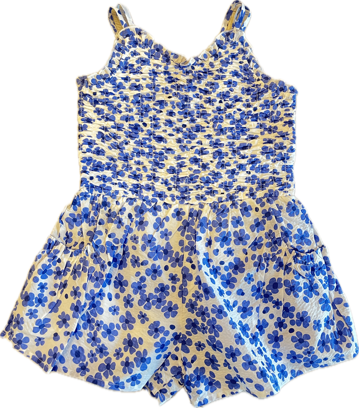 White Blue Floral Printed Romper