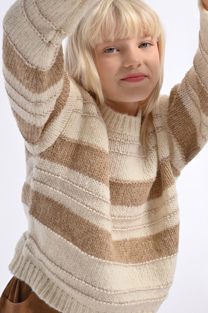 White and Beige Girls Knitted Sweater