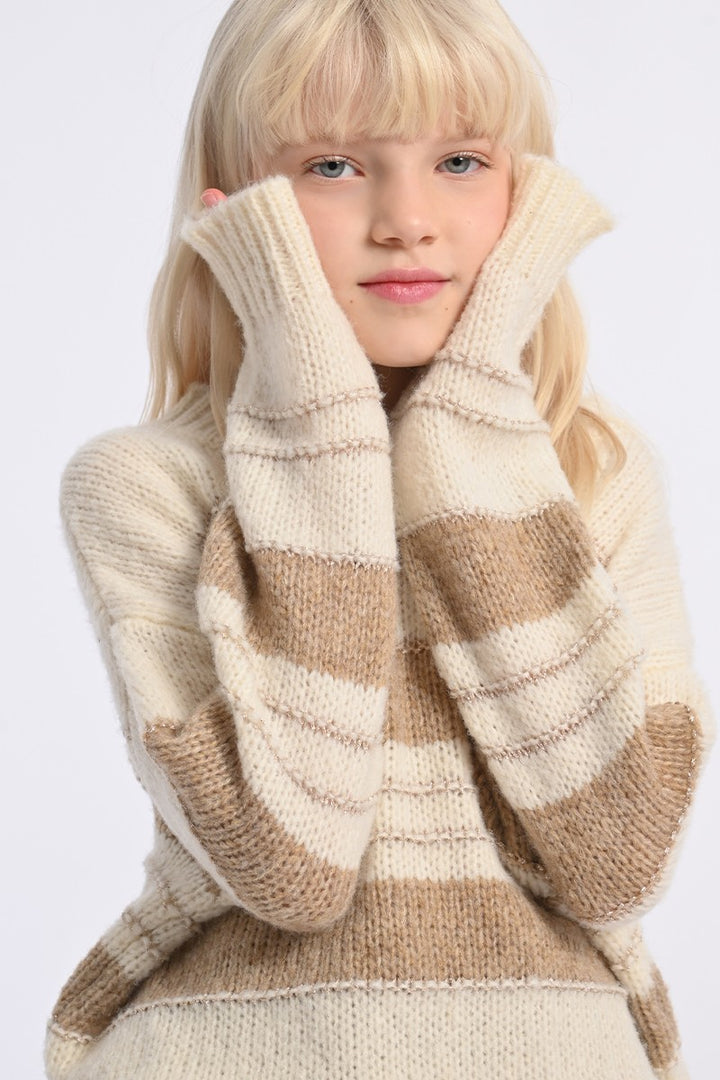 White and Beige Girls Knitted Sweater