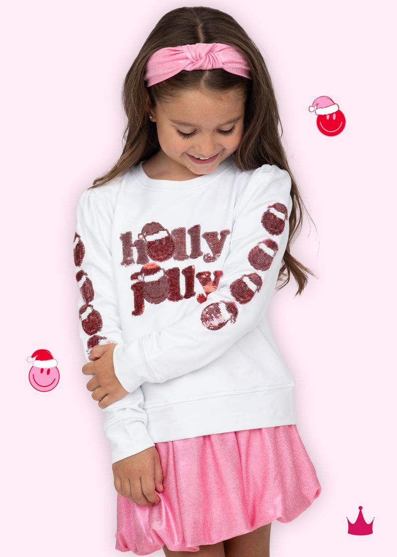 Sequin Holly Jolly Smiley Sleeve White Holly