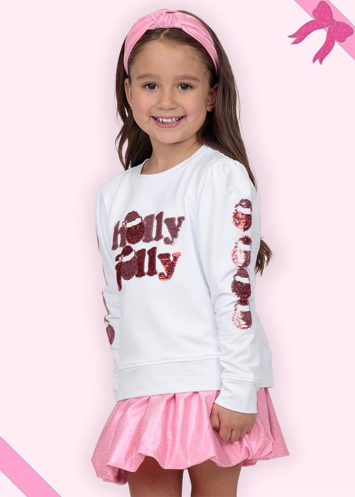 Sequin Holly Jolly Smiley Sleeve White Holly