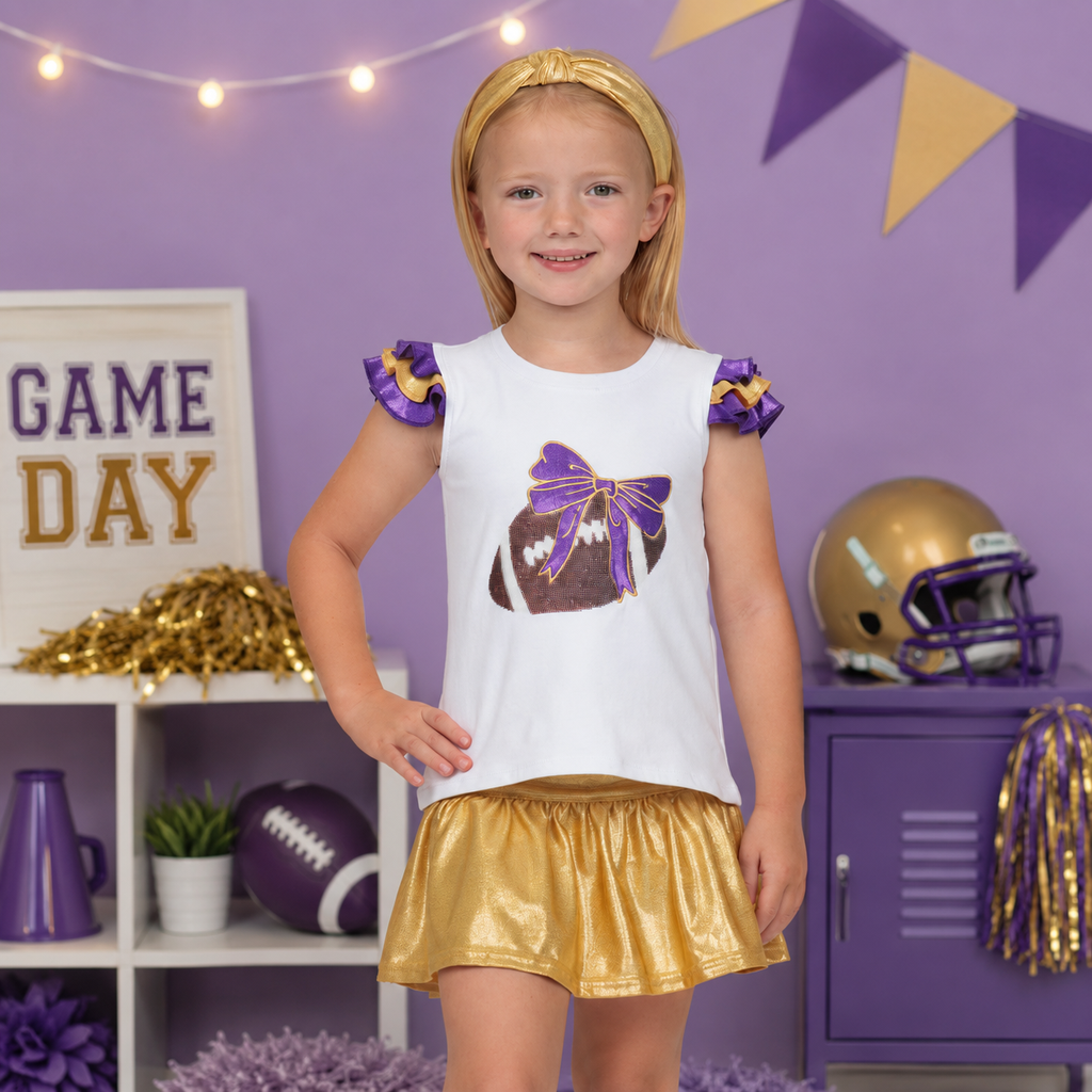 Sequin Football Shimmer Ruffle Sleeve - Purple and Gold