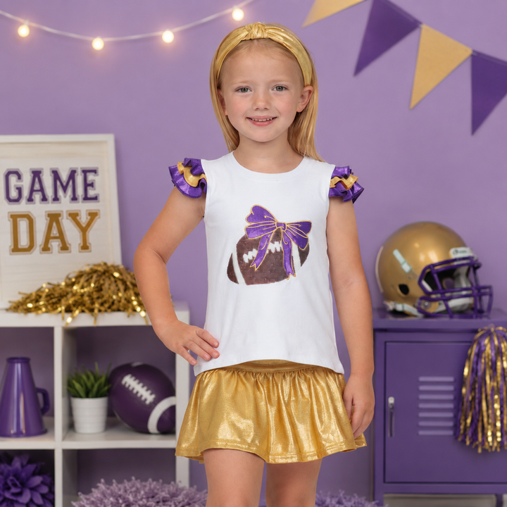 Sequin Football Shimmer Ruffle Sleeve - Purple and Gold